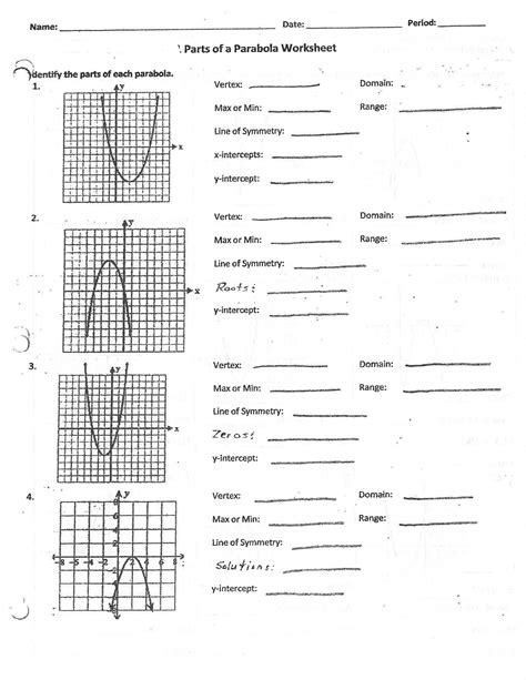 Parabola Label Identify the main parts of the parabola on a graph. . Identifying parts of a parabola worksheet pdf